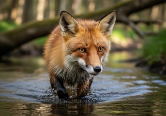 Fototapeta premium Majestic red fox with vibrant fur wading through a shallow forest stream, alert and watchful in its natural habitat