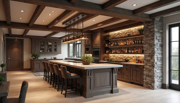 Rustic modern basement bar offers wood beams stone accents, abundant liquor bottles on lit shelves. Island with bar stools creates central gathering space. Kitchen cabinets, appliances are integrated.