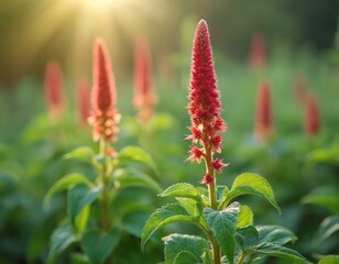 Red amaranth spikes grow in an outdoor garden. Green leaves contrast with the fuzzy flower heads. Soft sunlight filters through the foliage.