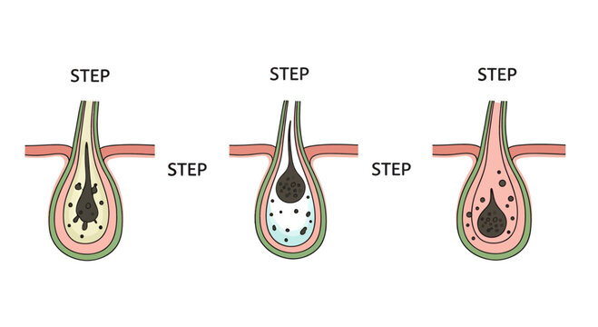 Diagram illustrating progressive development of a skin follicle condition in three stages