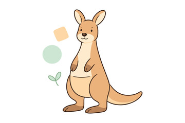 Cute cartoon kangaroo with geometric shapes and leaf on white background
