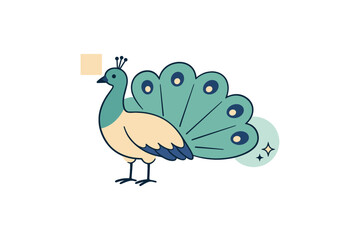 Fototapeta premium Colorful peacock illustration with open feathers and geometric elements