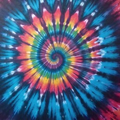 Multicolor tie dye fabric pattern with spiral design. Vibrant rainbow colors blend and swirl in a circular radial motif. Retro psychedelic art style for clothing and decor.