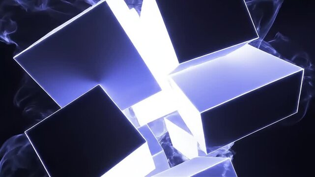 Glowing Blue Cube Cluster with Ethereal Smoke Trails - Abstract Digital Art for Futuristic Technology and Innovation Concepts