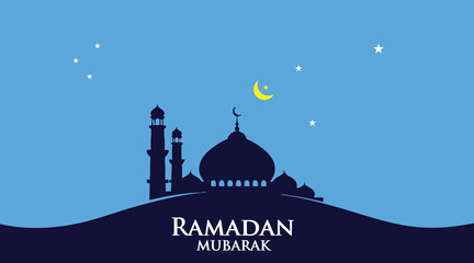 Ramadan Mubarak Night Mosque Illustration with Crescent Moon and Stars