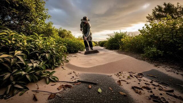 Man sweeps sand from paved path near lush green bushes under dramatic sky, for outdoor maintenance