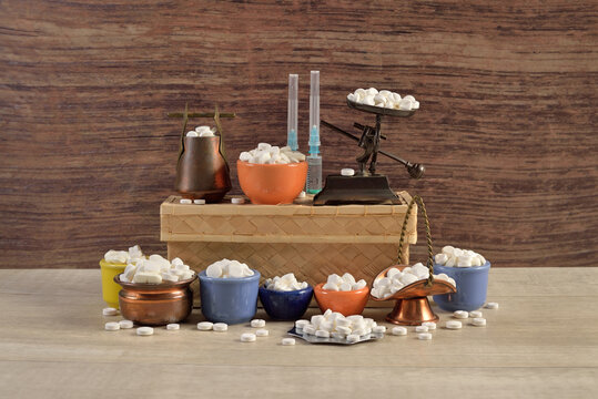 Medicine counterfeiters lab or pharmacy abstract 