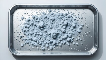 A scattered heap of light blue powder on a polished silver laboratory tray. zinc powder