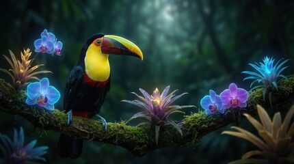 Obraz premium Vibrant Toucan Perched on a Branch with Luminous Tropical Orchids and Exotic Plants in a Magical Rainforest Jungle
