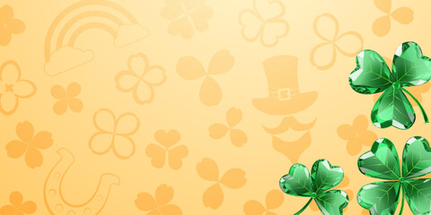 Obraz premium St Patricks day illustration with flat style, pale orange background, and green shamrocks.