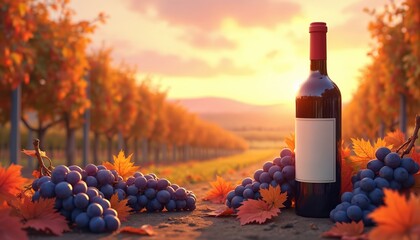 Obraz premium Dark wine bottle sits with ripe grapes and red autumn leaves in a vineyard row. Golden sunset light illuminates fields and colourful foliage. Harvest season concept.
