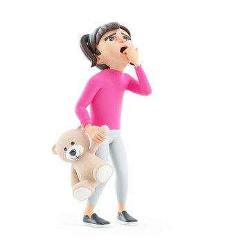3d scared girl holding teddy bear and looking up