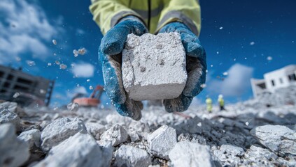 Construction worker holding a broken concrete block.