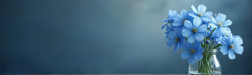 Fototapeta premium Gentle blue forget me not flowers arranged in a clear glass vase. Delicate petals and stems create a soothing, natural composition against a soft, muted blue backdrop.