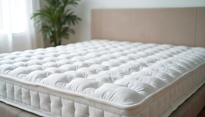 Fototapeta premium Fluffy white mattress on bed in bright room. Comfortable sleeping surface with plush pillow top layer. Clean bedding awaits restful sleep. Home interior setup ready for night.