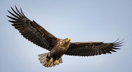 Obraz premium Soaring Eagle in Flight, Majestic Bird of Prey Spreading Wings, Open Sky, Wildlife Photography, Aerial View, Freedom Concept