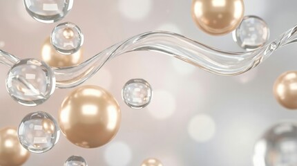 Fototapeta premium Glistening golden pearls and clear water droplets swirl gracefully around a fluid wave creating an elegant and luxurious abstract composition liquid luxury clean beauty cosmetic