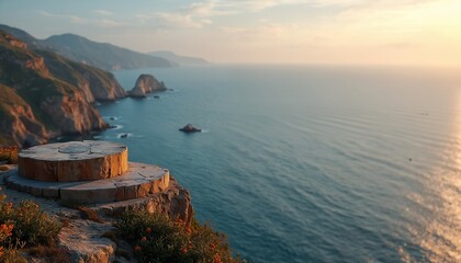 Obraz premium Stone podium on cliff edge for display overlooking ocean sea. Product placement area for wine tasting or product launch event. Coastal landscape backdrop.