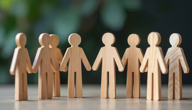 Collection of small wooden figures linked hands representing unity, diverse group cooperation. Natural material figures stand together creating symbol of teamwork, community spirit, social connection.