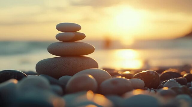 A serene beach scene featuring a carefully balanced stack of rocks at sunset. The warm glow casts long shadows and highlights the tranquility of the environment.