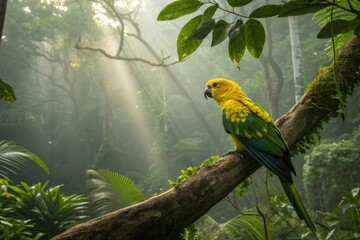 A vibrant yellow and green parrot perched on a branch in a misty tropical rainforest with sunlight beams filtering through the leaves.
