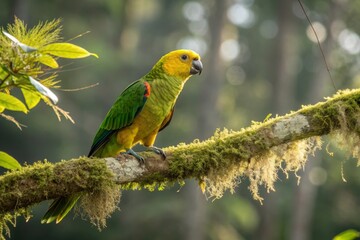 Fototapeta premium A vibrant yellow-faced tropical parrot perched on a mossy branch in a sun-dappled forest
