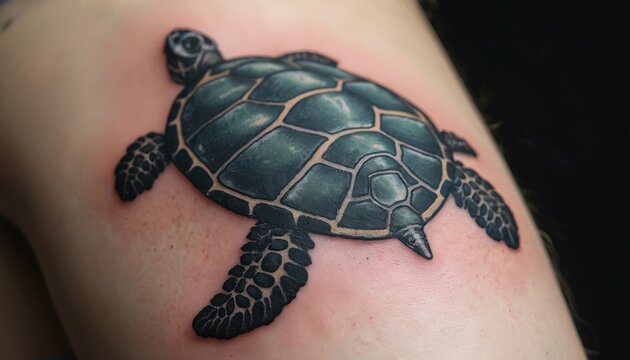 Realistic sea turtle tattoo inked onto human skin. Detailed shell pattern and flippers show intricate body art. Permanent artwork highlights marine reptile design.