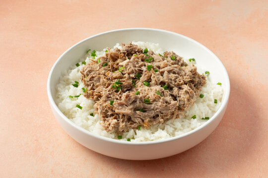 A closeup view of a bowl of kalua pork and rice.