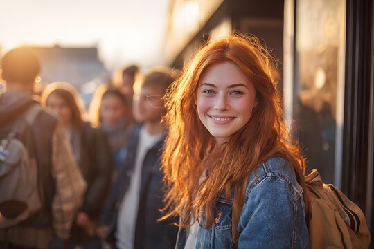 Smiling young woman with backpack walking on college campus