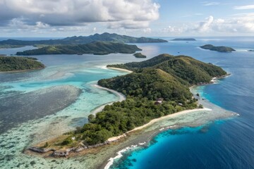 Obraz premium Aerial view of a lush tropical archipelago with pristine white sand beaches and clear azure waters, showcasing a breathtaking island paradise.