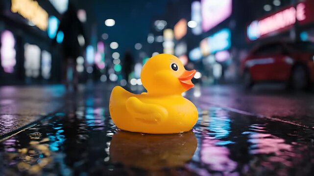 Yellow rubber duck sits in a puddle on a wet city street at night, reflecting vibrant neon lights. Ideal for urban themes, rainy weather, childhood nostalgia, or unique advertising concepts.