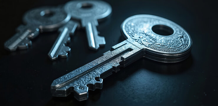 Several antique metal keys lie on dark surface. Ornate keys have intricate designs. One key is sharp focus, others blurred background. Represents access, security, mystery, old valuables.