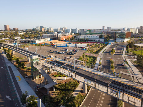 The new San Diego blue line trolley station platform in La Jolla