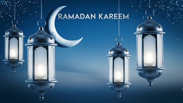 Ramadan Kareem greeting with glowing Islamic lanterns and a crescent moon against a starry blue night sky. Animated decorative lamps create a festive atmosphere for religious holidays,