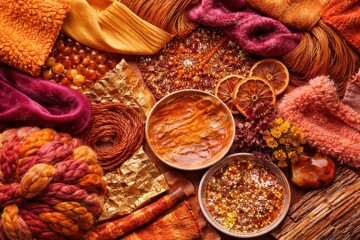 Fototapeta premium Autumn craft flat lay with knitting yarn, cozy textiles, dried citrus slices, glittering beads, warm tea bowls, and golden foil on wood