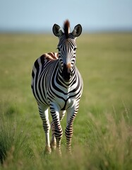 Fototapeta premium A zebra stands on a green grassy field. The animal has black and white stripes. Its mane is brown and spiky. The background is blurry and shows a clear sky.