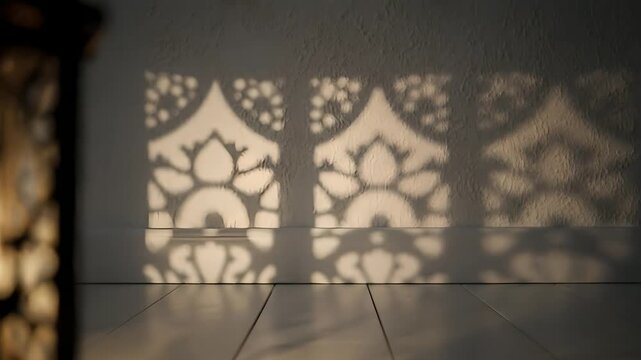 Ornate traditional lantern with flickering light casts intricate, patterned shadows on a wall, creating a serene ambiance. Perfect for Ramadan, Eid al-Fitr, Islamic culture, spiritual reflection,