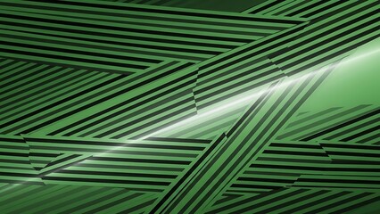 Abstract composition featuring intersecting, striped, and gradient green planes with a bright highlight