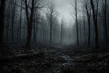 Fototapeta premium Eerie foggy forest with bare trees and fallen logs under a dark overcast sky, creating a haunting moody woodland landscape in winter