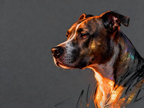 Minimalist abstract sketch series : American Pitbull Terrier dog, with iridescent orange-gold effect portrait of a canine pet in gray cardstock 006