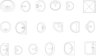 Vector collection of bathroom and kitchen sink symbols in top view, perfect for architectural floor plans, plumbing layouts, and interior design. © Riki