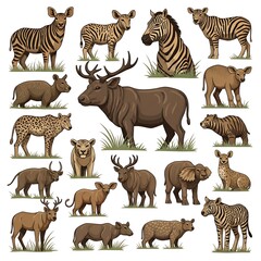 Obraz premium Collection of various wild animals in a flat illustration style