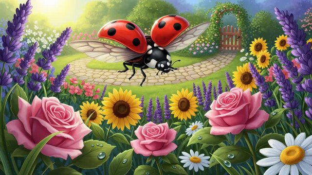 Ladybug flying over a garden path with blooming roses and sunflowers, a charming nature scene for spring.
