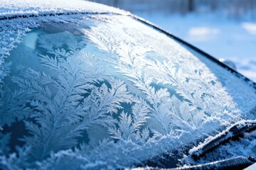 Winter's Touch: Frosty Ferns Embrace Car Windshield on a Cold Morning Adventure