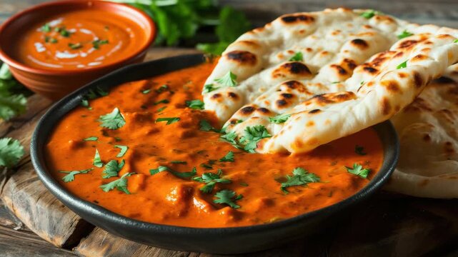 Flavorful red curry sauce served with freshly baked naan bread on a rustic wooden table, topped with chopped cilantro for garnish.