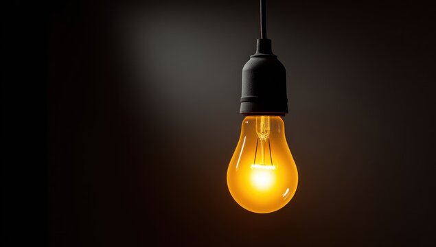 A single hanging light bulb glowing brightly in the dark.