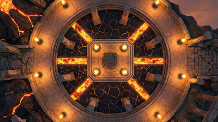 Obraz premium Lava Temple Boss Arena Battle Map - Volcanic Ritual Circle with Runes