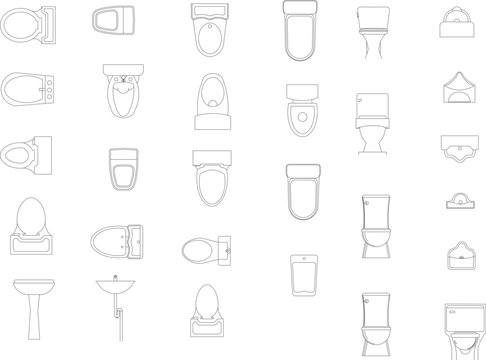 Vector collection of toilet, urinal, and sink symbols in top and front view for architectural bathroom floor plans and interior plumbing layouts.