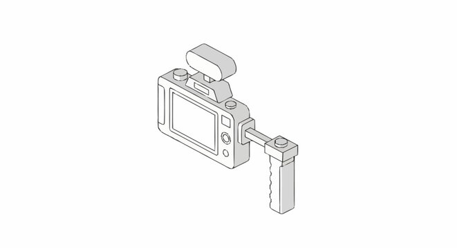 Simple line drawing of a digital camera with a screen and attached flash unit.