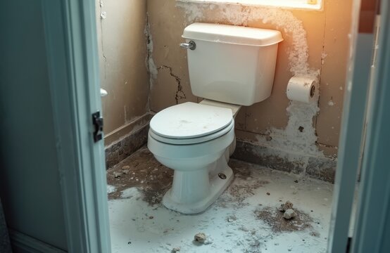Toilet overflows with water damage mess on floor and walls. Plumber needed for clogged drain, sewage backup, or pipe burst. Home restoration after bathroom flood disaster.